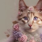 Cat with White and Tan Fur, Pink Flowers, Golden Accents, Purple Eyes