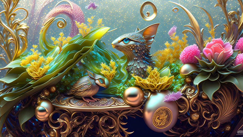 Fantastical bird-like creatures in vibrant, dreamlike scene