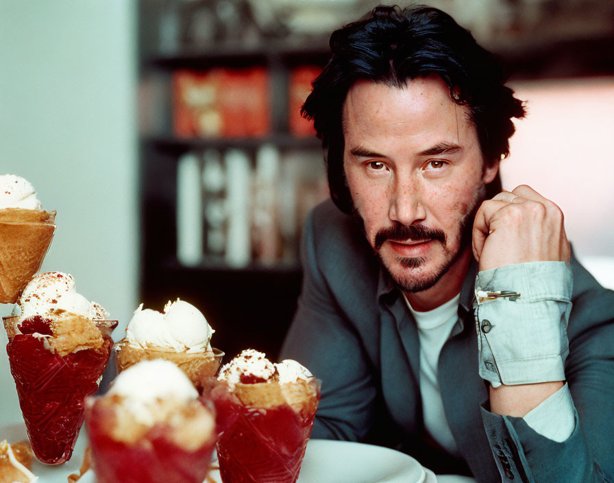 Person enjoying multiple ice cream sundaes at a table