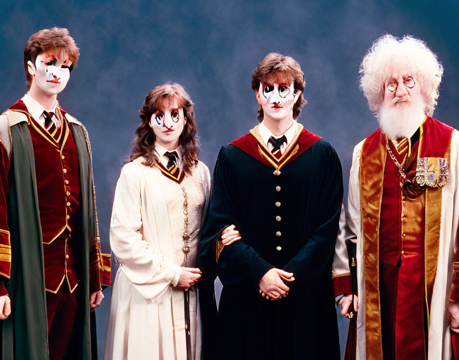 Four individuals in cat-themed costumes and face paint against blue background, embodying characters from a musical.