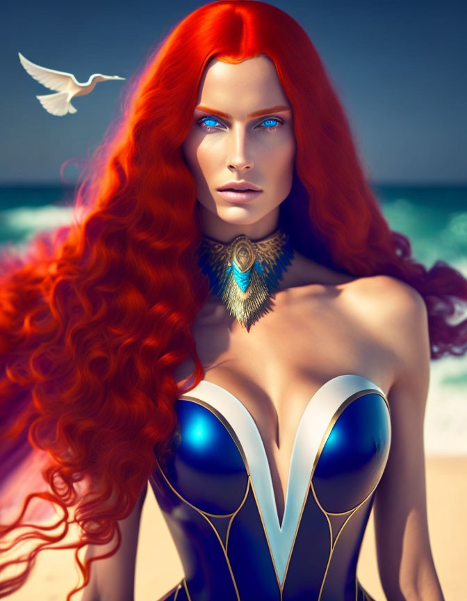 Digital Artwork: Woman with Red Hair and Blue Eyes on Beach with Bird