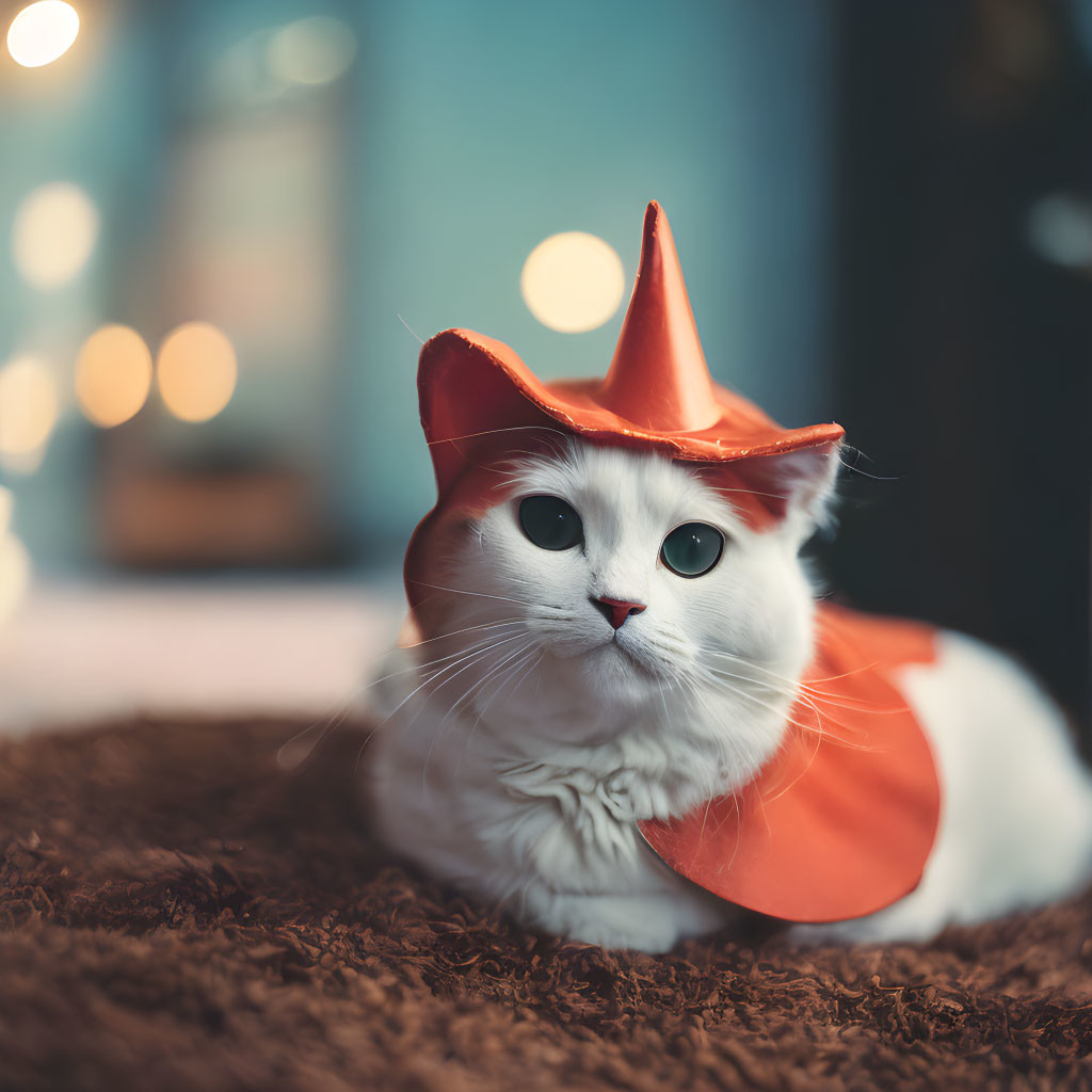 White Cat in Orange Witch Hat and Cape on Brown Surface