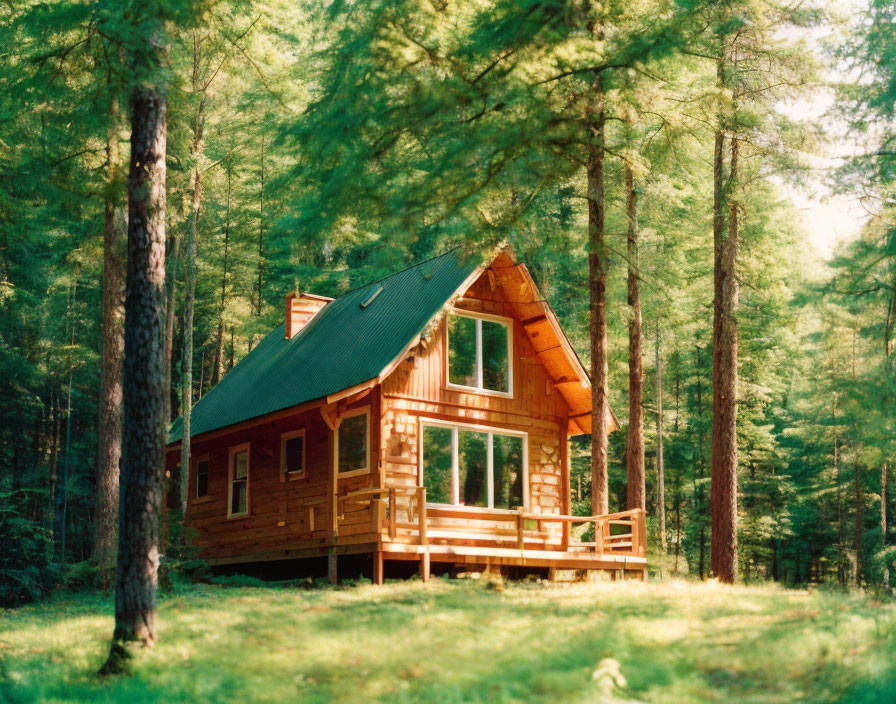 Cozy wooden cabin with green roof in lush forest landscape