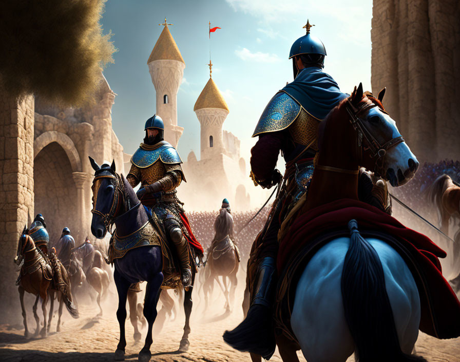 Medieval knights on horseback in blue armor leaving fortress under sunny sky