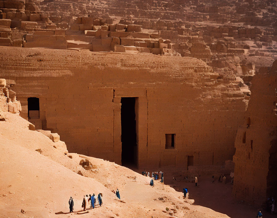 Ancient rock-cut structures in desert sunlight