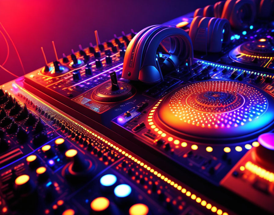 DJ mixing console with illuminated buttons and sliders under red and blue lights