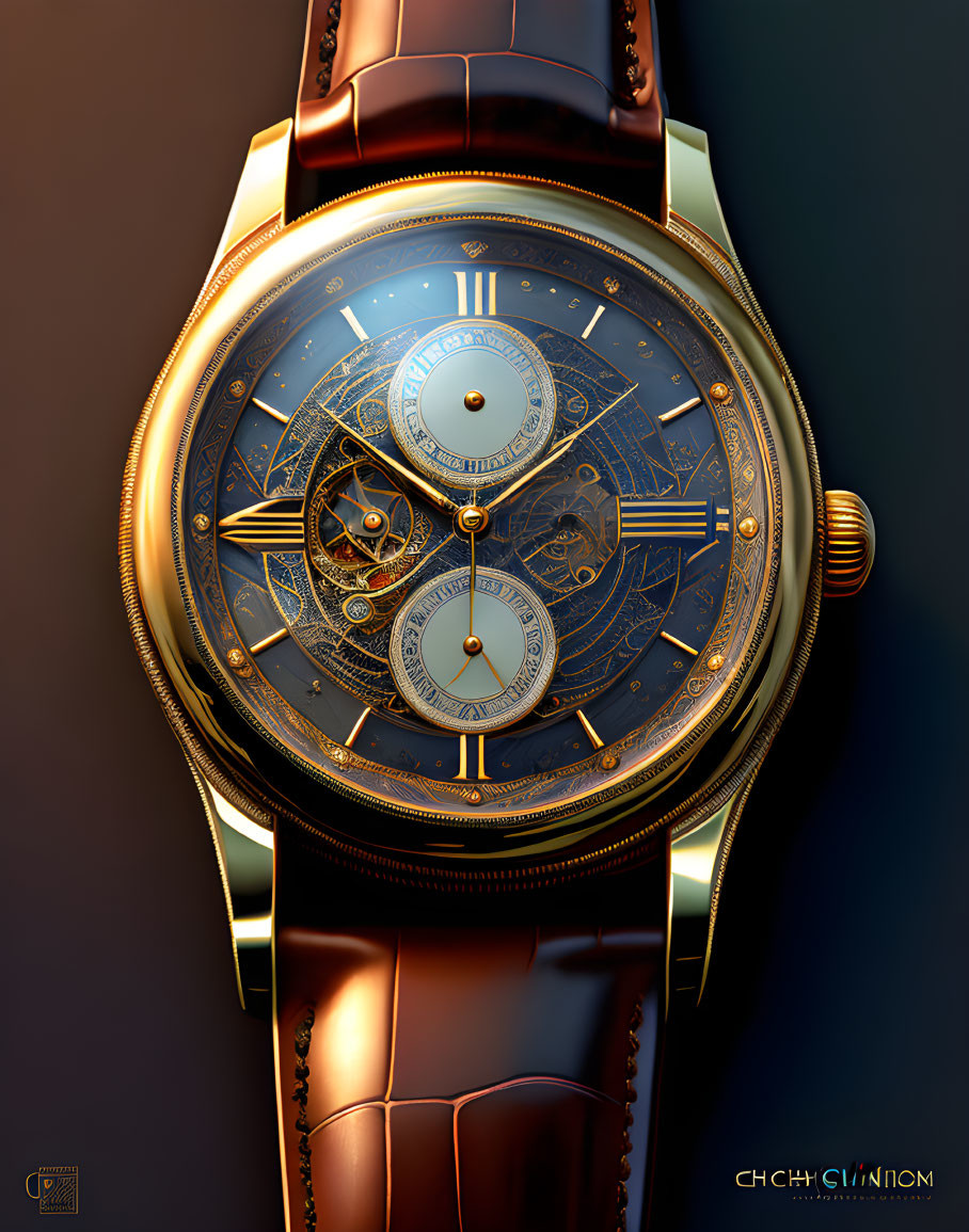 Gold Cased Luxury Wristwatch with Exposed Gears, Blue Face, Roman Numerals,