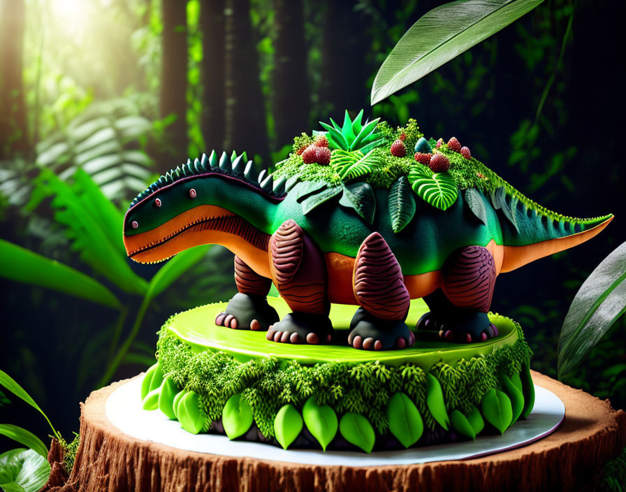 Colorful Dinosaur Cake in Jungle Setting