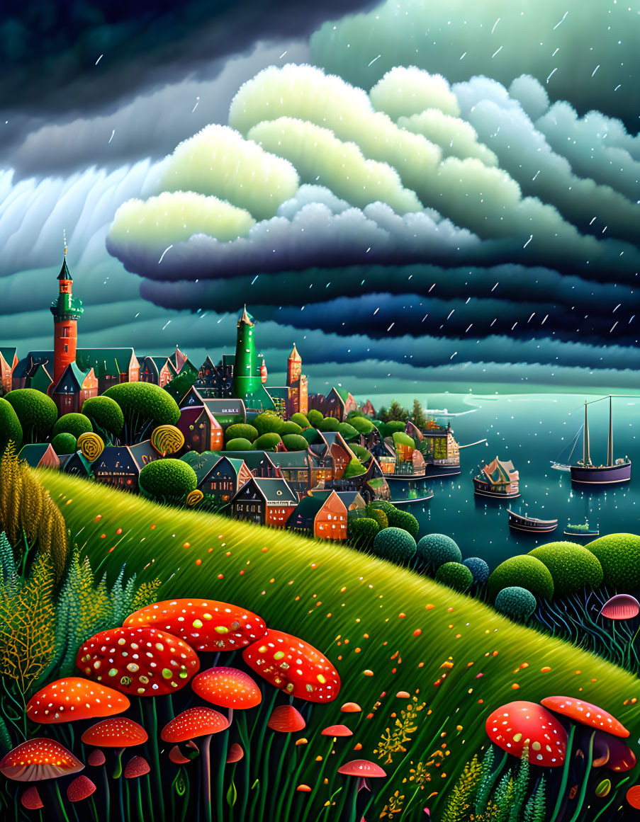 Illustration of coastal village with storm, wheat field, red mushrooms, ships, historical buildings