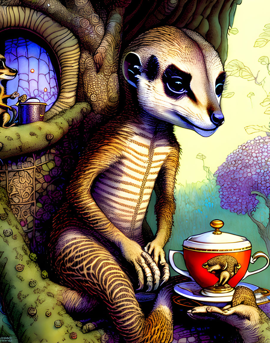 Whimsical anthropomorphic meerkat in vibrant fantasy scene