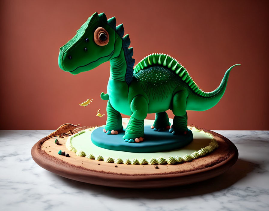 Colorful Dinosaur Cake with Green Icing on Round Platter with Lizard on Terracotta
