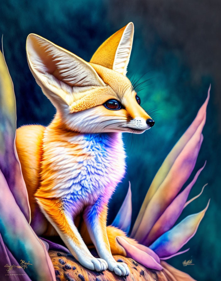 Detailed illustration of a fennec fox in colorful plant life