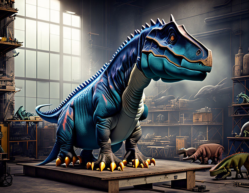 Colorful Striped Dinosaur in Vintage Workshop Setting