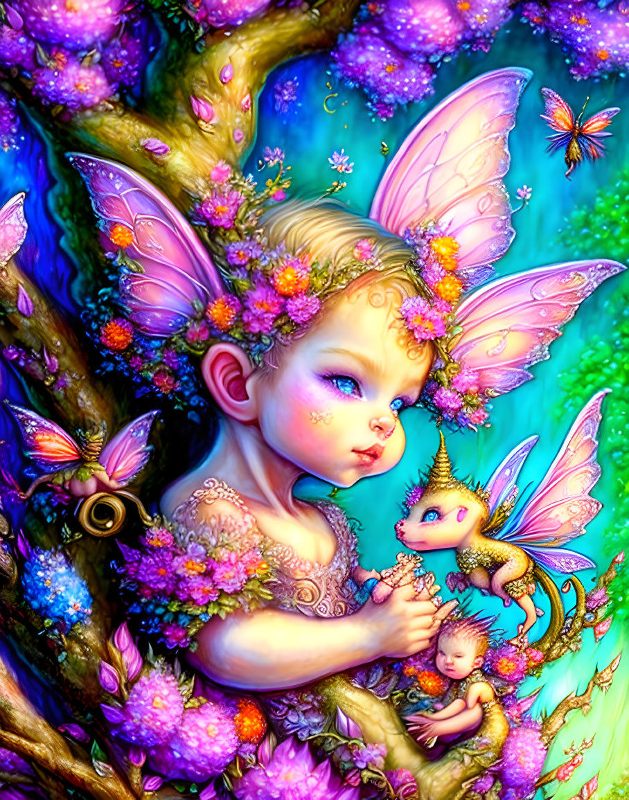 Colorful fairy child with pink wings and dragonling in tree surrounded by flora.