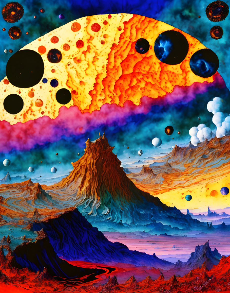 Vibrant surreal landscape with molten lava flows and celestial sky