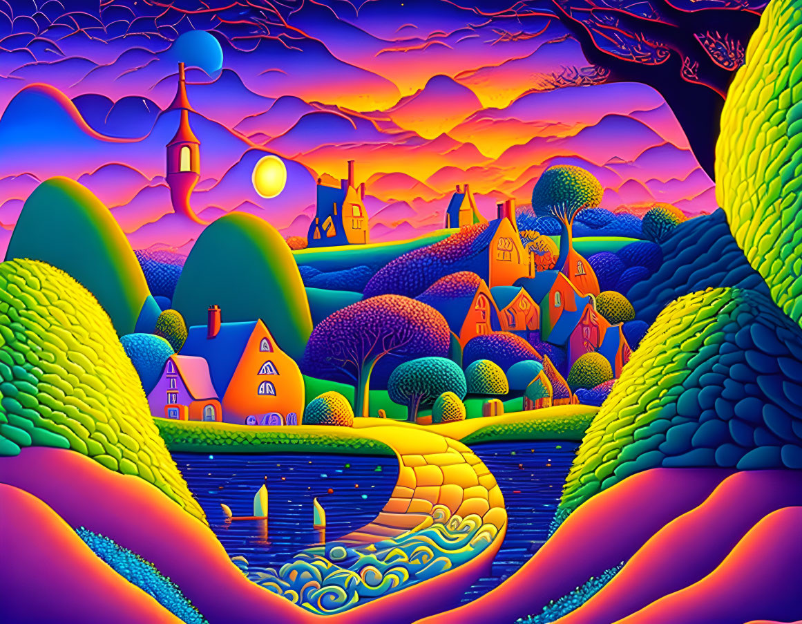 Stylized landscape with village, hills, river, and twilight sky