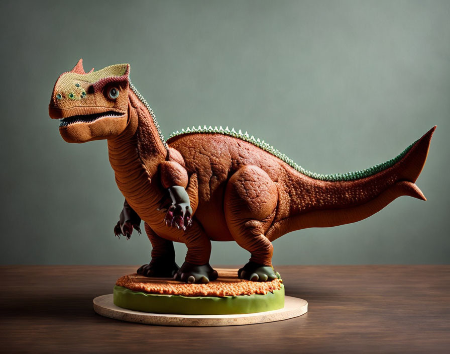 Realistic dinosaur cake with intricate scales on wooden table