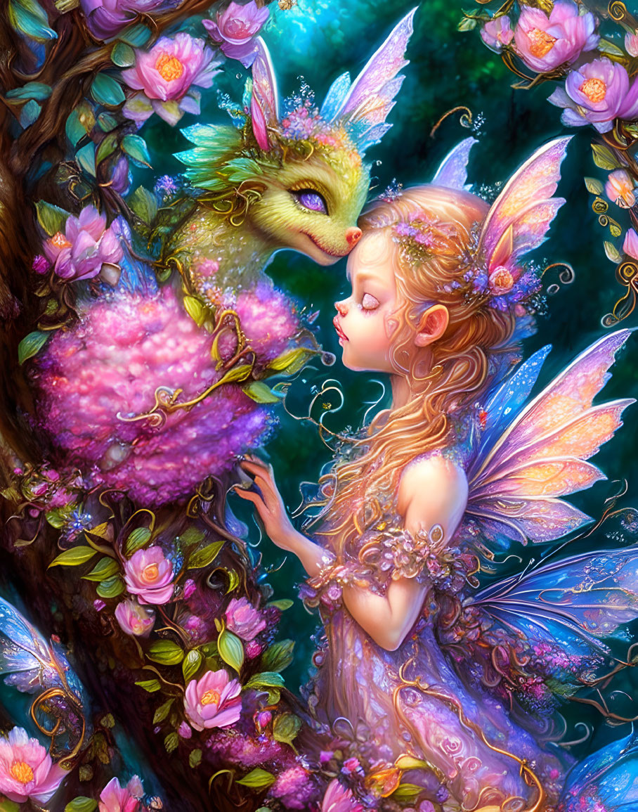 Colorful fairy and whimsical creature in lush floral setting