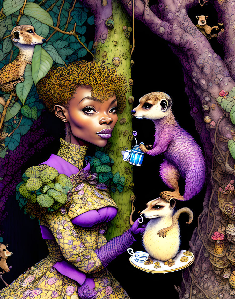 Illustration of woman with intricate hair patterns and meerkats in vibrant flora