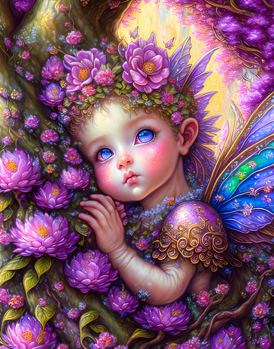Cherubic figure with blue eyes, pink cheeks, floral crown, golden armor, and translucent wings