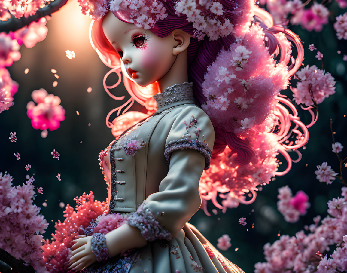 Purple-haired doll in Victorian dress with pink cherry blossoms on dark background