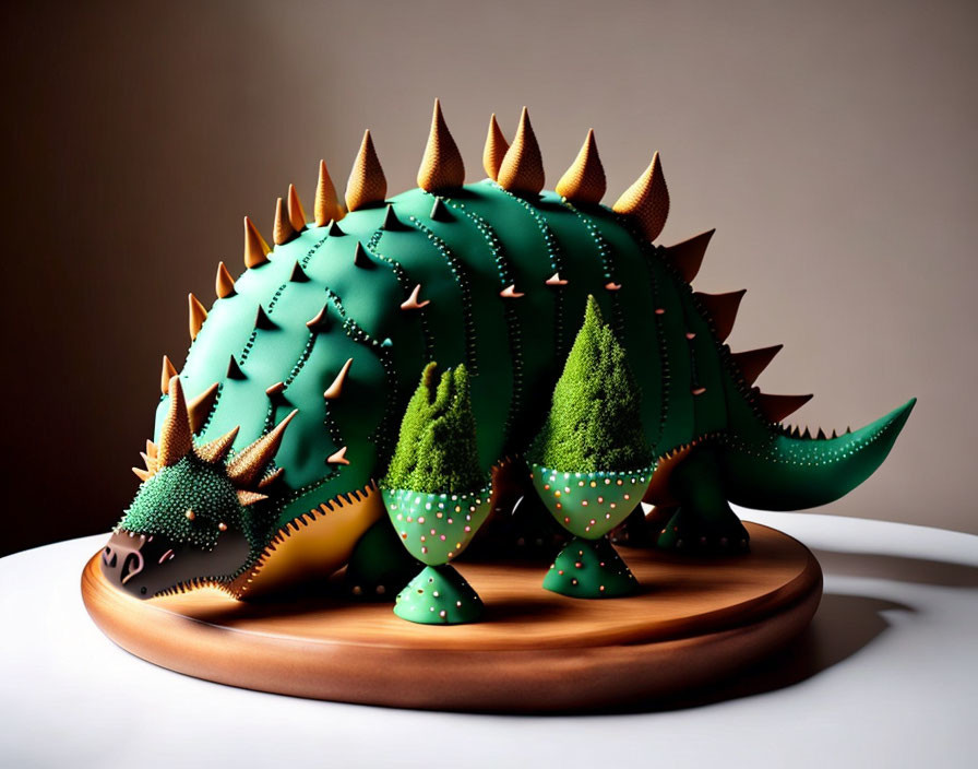 Stylized green dinosaur cake with brown spikes and tree decorations