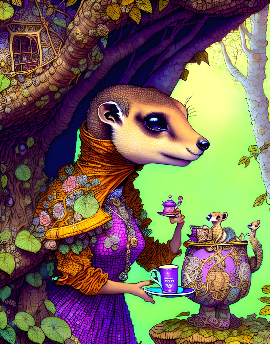 Illustration of meerkats in orange sweater with teacup by tree