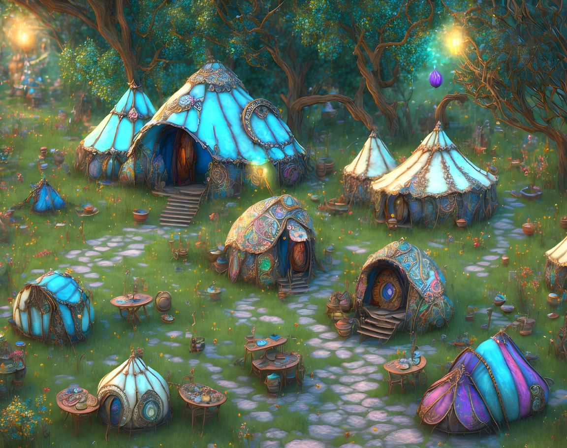 Whimsical mushroom-shaped village in magical forest