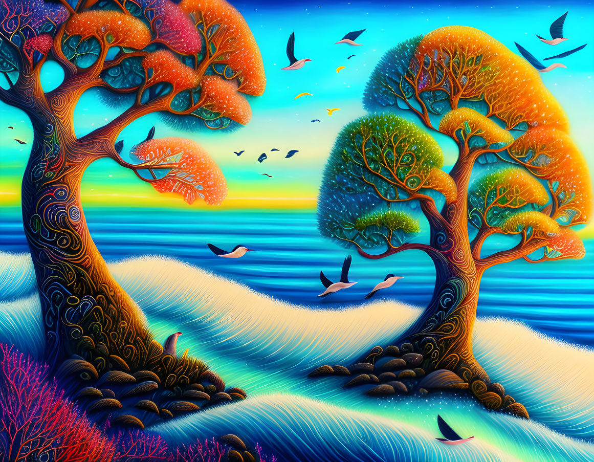 Colorful landscape with stylized trees and birds in flight on rolling hills