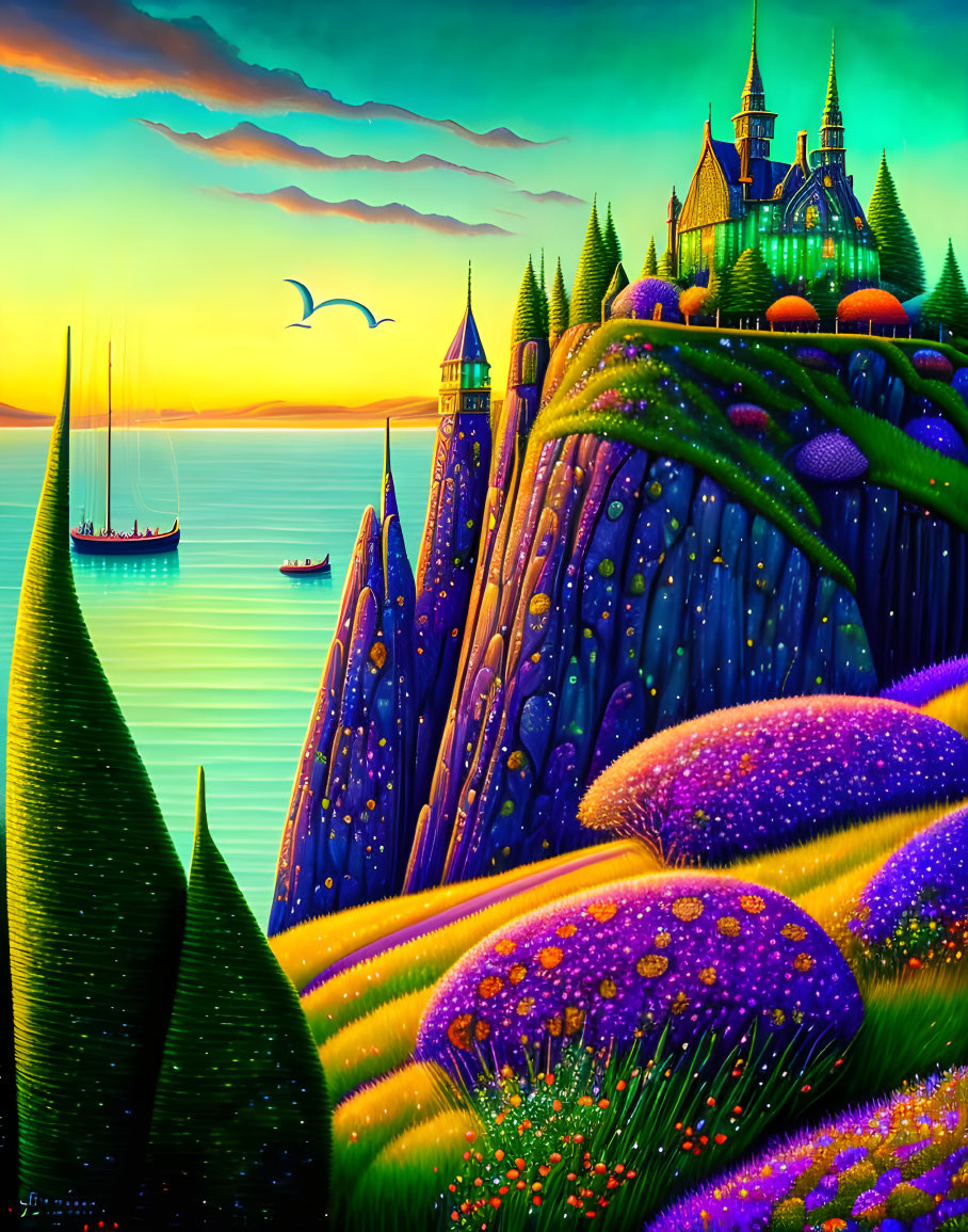 Colorful Flower-Covered Hill with Castle Overlooking Serene Sea