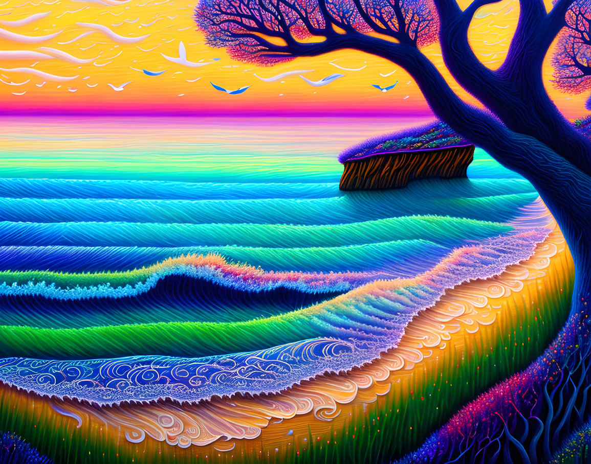 Colorful Sunset Landscape with Tree, Textured Sea Waves, and Birds