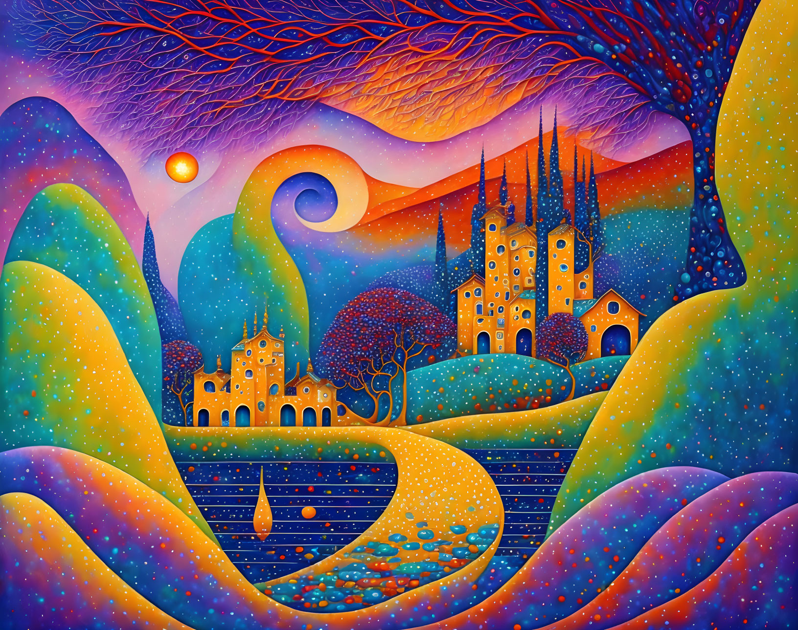 Stylized painting: Castle in swirling hills under starry sky