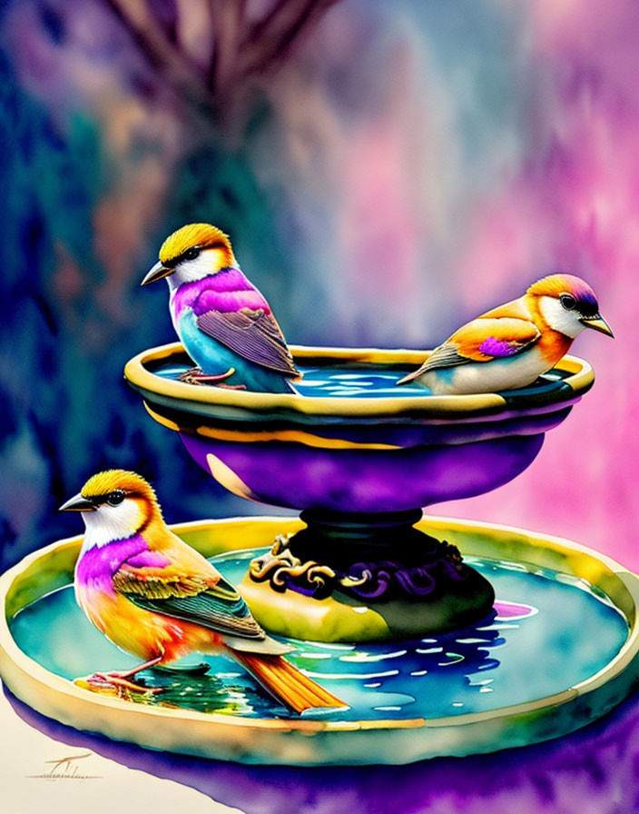 Vibrant illustrated birds around blue water fountain in dreamy setting