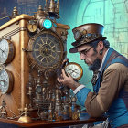 Bearded man in steampunk outfit with goggles next to clockwork machine in vintage lantern-lit