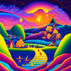 Stylized landscape with village, hills, river, and twilight sky