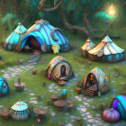 Whimsical mushroom-shaped village in magical forest