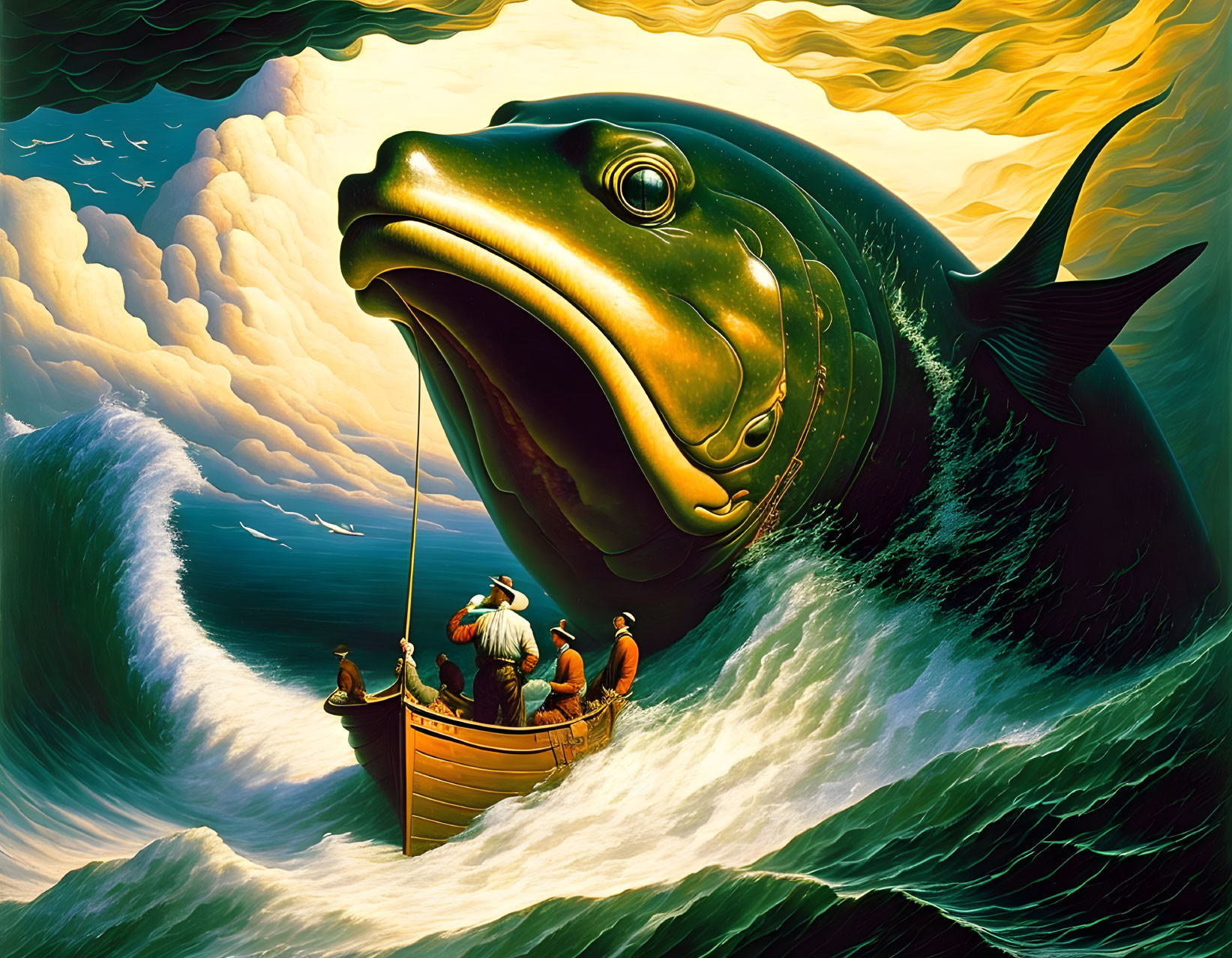 Stylized ocean scene with individuals in boat and leaping fish