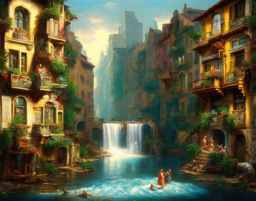 Historical cityscape with cascading waterfall and leisurely activities