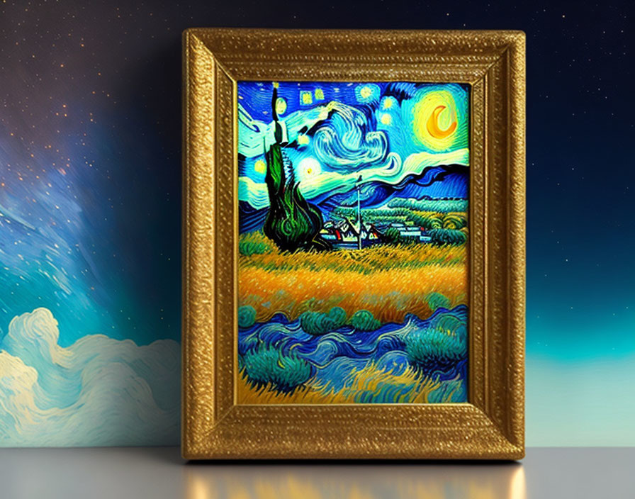 Framed painting depicting swirling stars in night sky over village