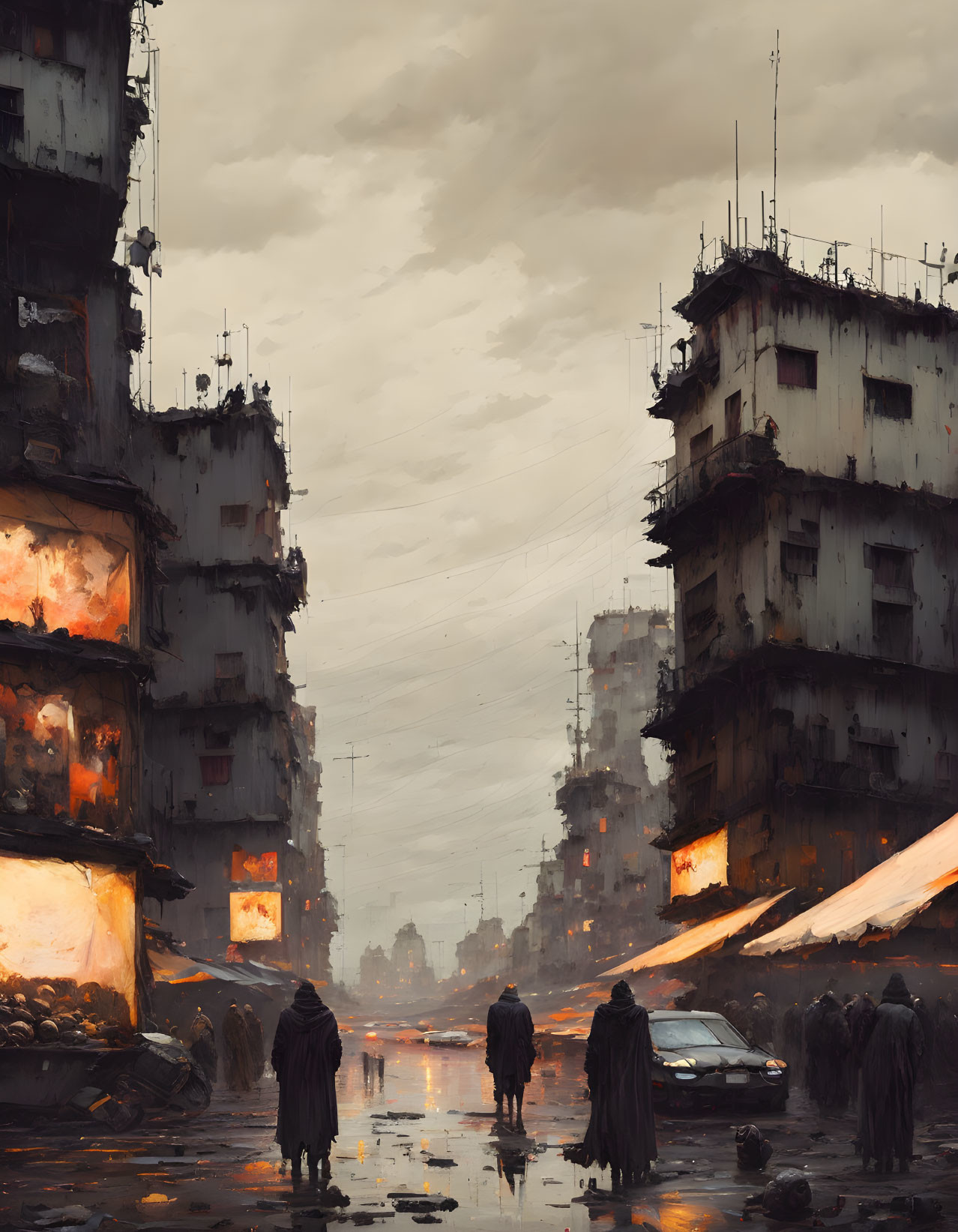 Dystopian cityscape with dilapidated high-rises and cloaked figures