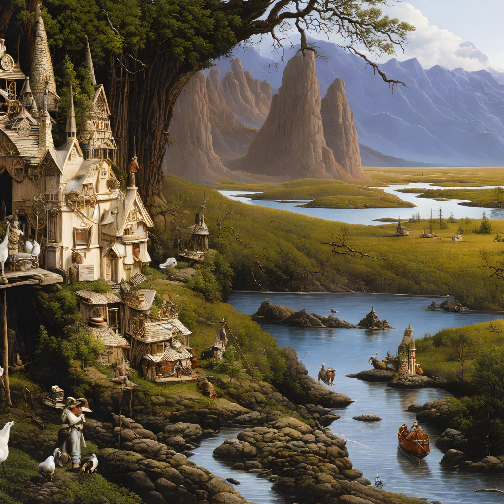 Fantasy landscape with whimsical treehouses, rock formations, river & medieval figures