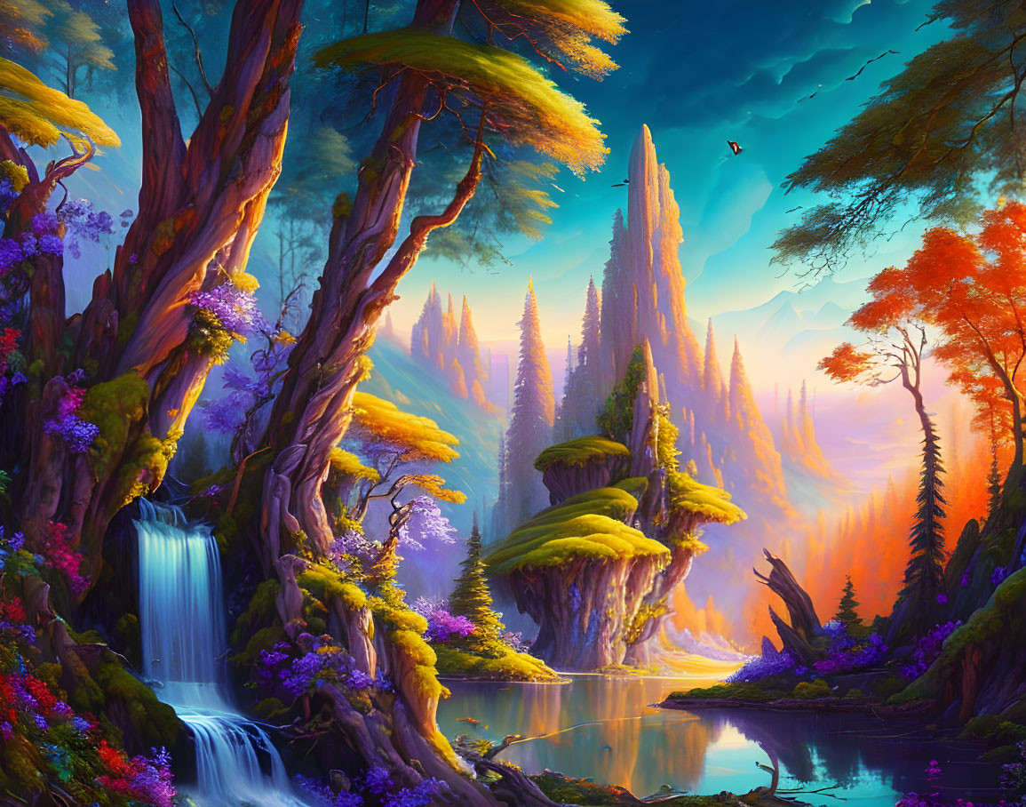 Colorful fantasy landscape with waterfall, lush trees, and cliffs