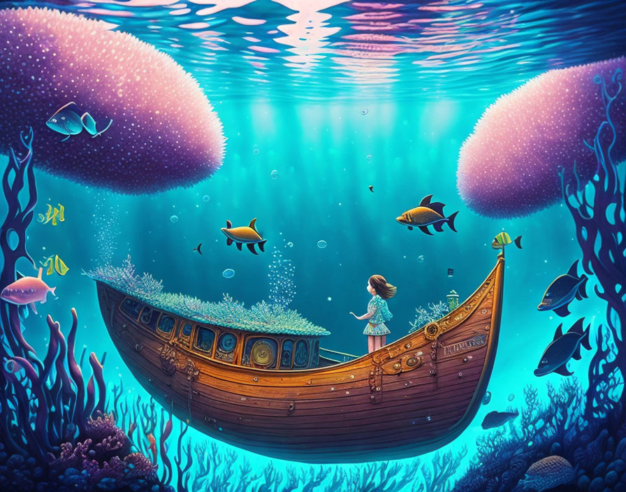 Child in wooden boat surrounded by vibrant marine life