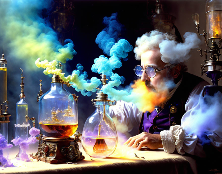 Eccentric Scientist in Victorian Lab with Colorful Vapors