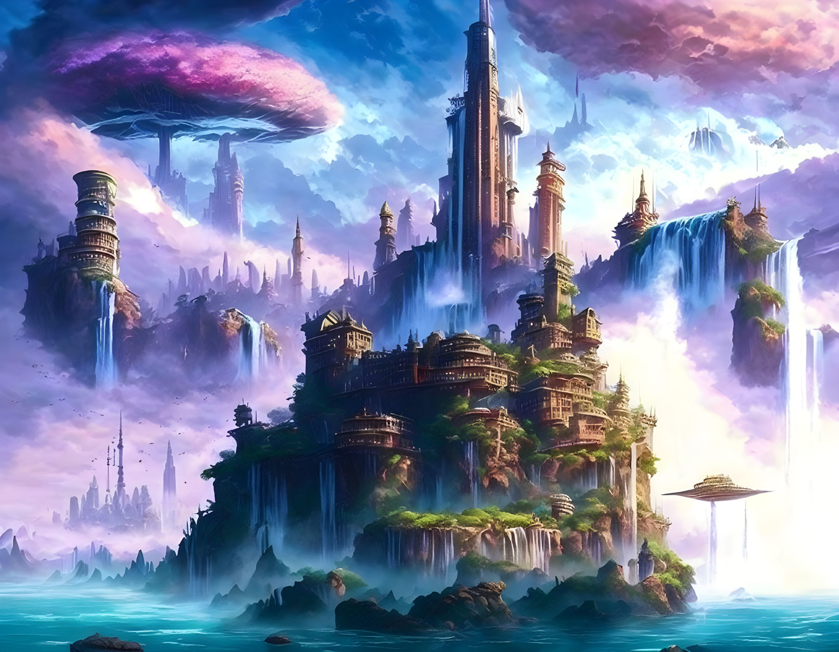 Fantastical floating city with towers, waterfalls, and lush greenery