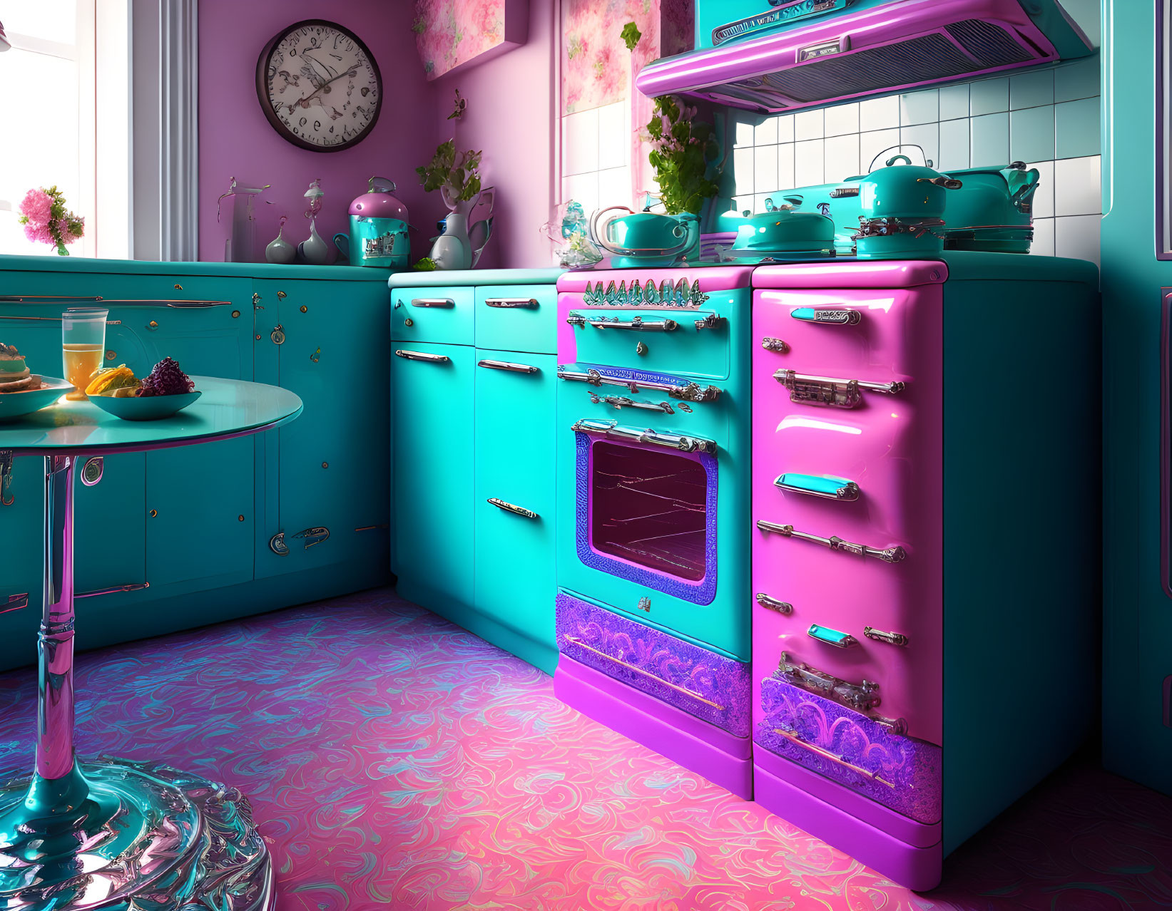 Colorful retro kitchen with turquoise cabinets and pink vintage stove