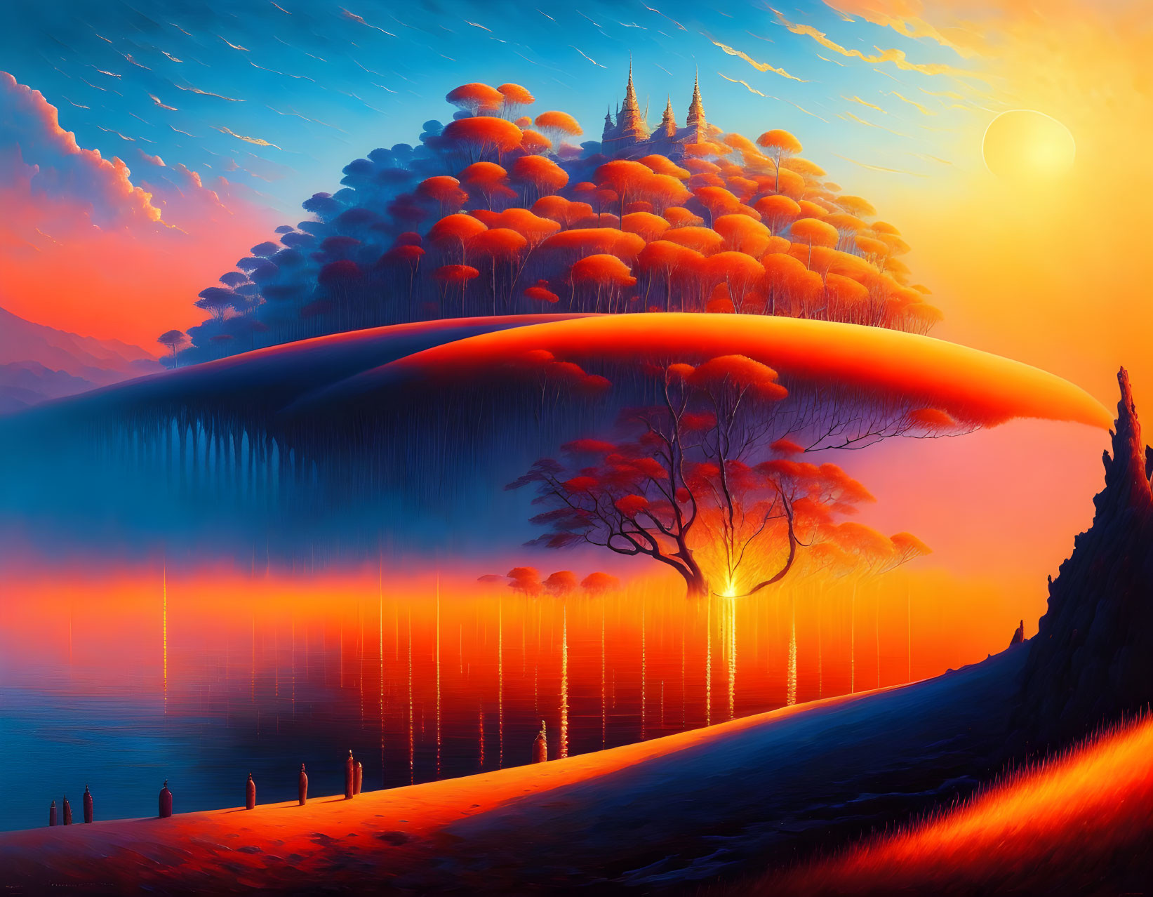 Surreal orange-blue landscape with floating island and glowing tree