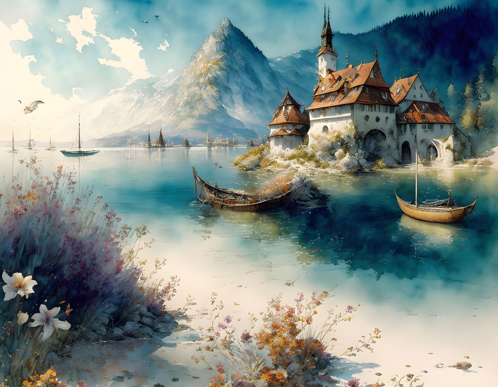 Mountain lake scene with boats, castle, and flowers in vibrant colors