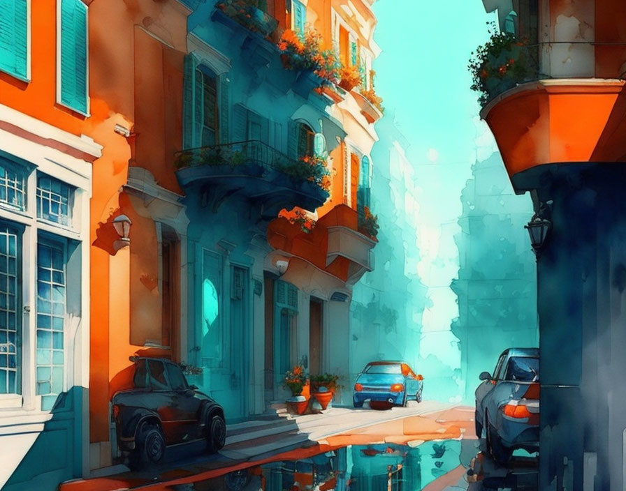 Colorful Watercolor Street Scene with Buildings and Cars