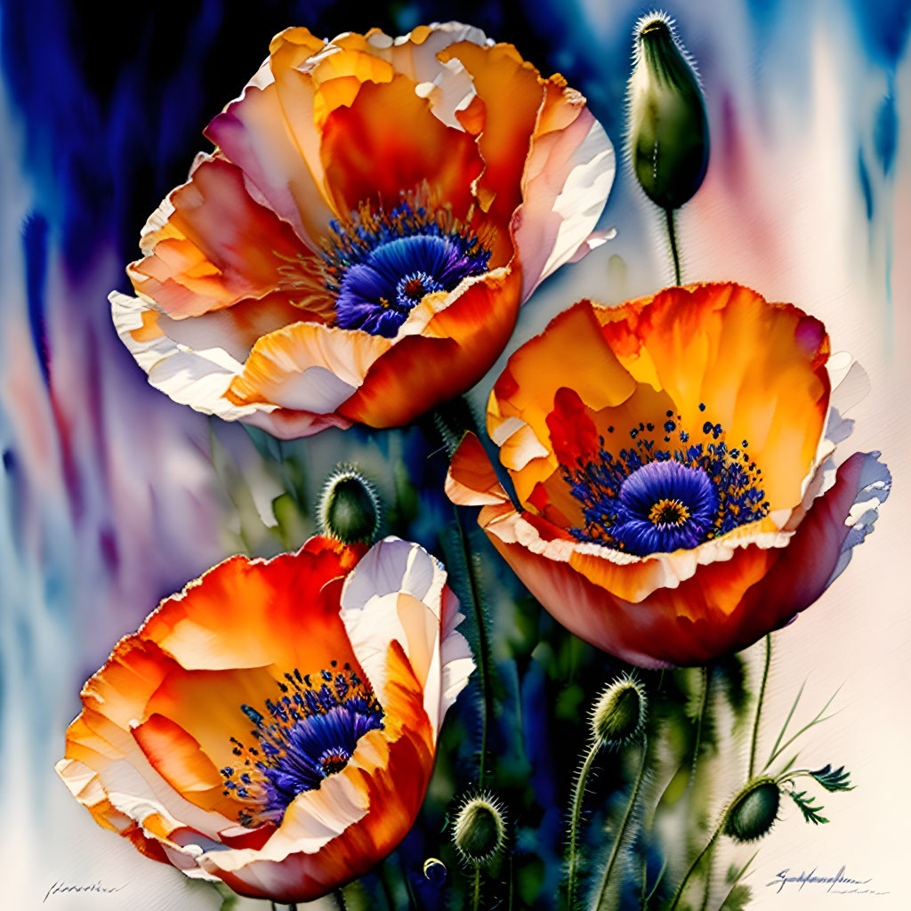 Colorful digital art of orange poppies with blue centers and buds on vibrant backdrop